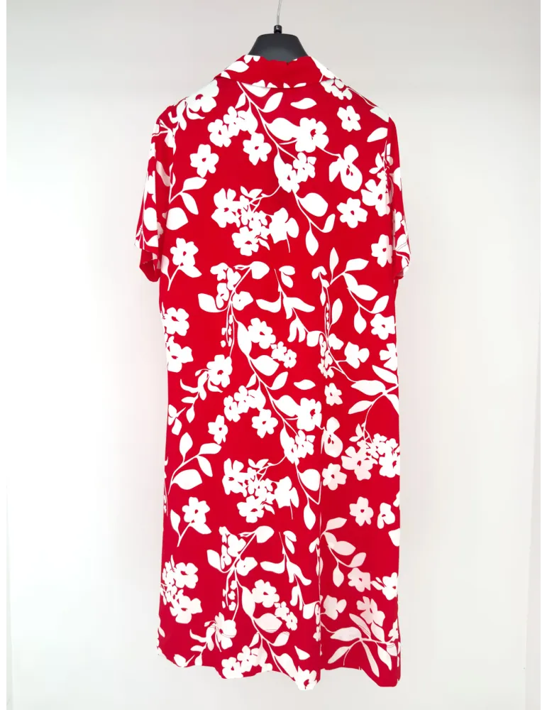 White and red viscose polo neck dress with short sleeves