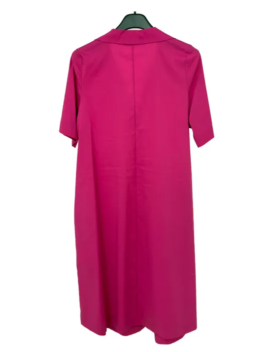 Fuchsia A-line cotton dress with polo neck and front pleats
