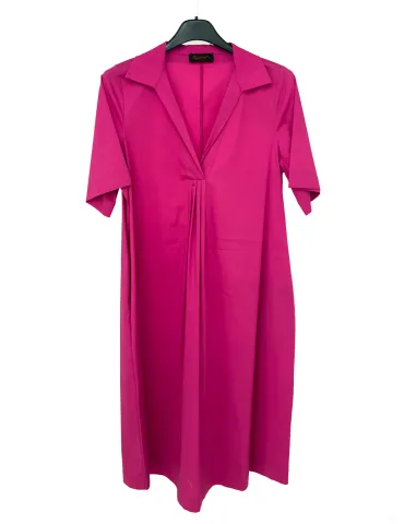 Fuchsia A-line cotton dress with polo neck and front pleats