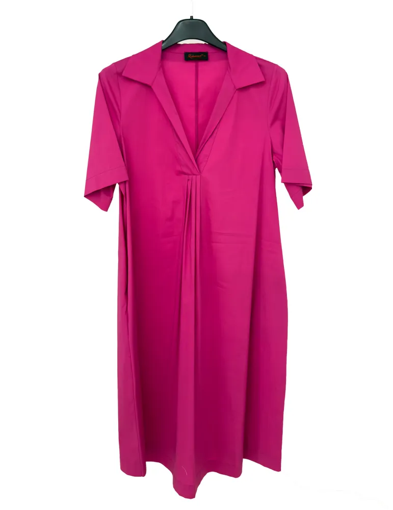 Fuchsia A-line cotton dress with polo neck and front pleats