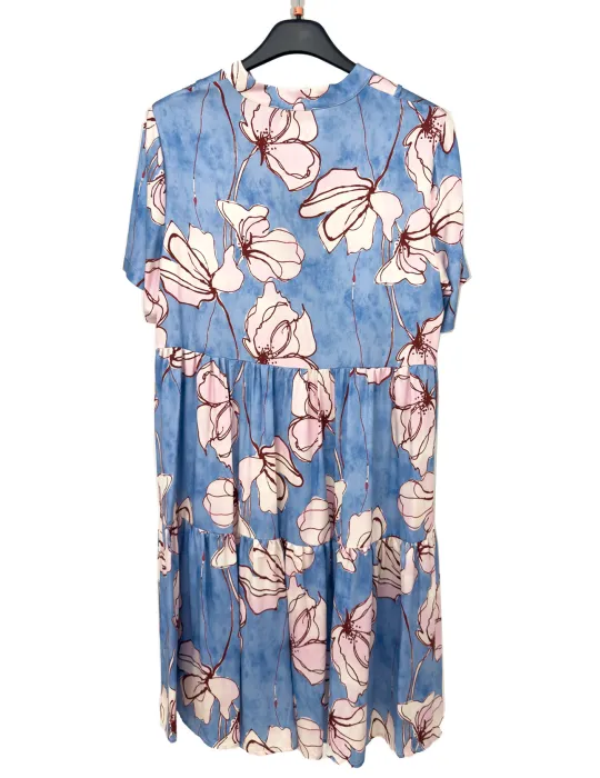 Light blue and pink floral tiered dress in 100% viscose
