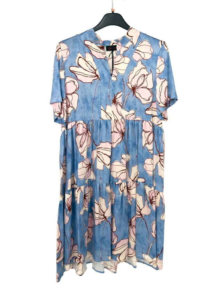Light blue and pink floral tiered dress in 100% viscose | Plus size available