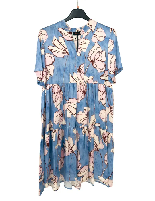 Light blue and pink floral tiered dress in 100% viscose