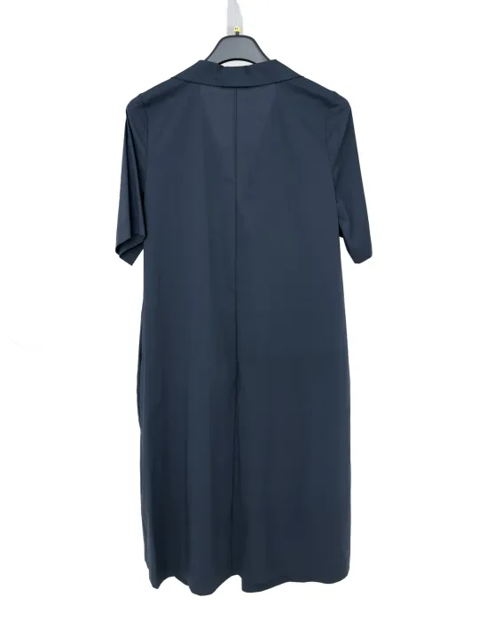 Blue A-line cotton dress with polo neck and front pleats