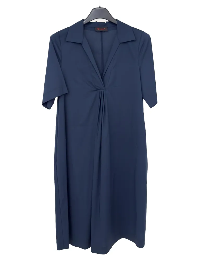 Blue A-line cotton dress with polo neck and front pleats