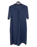 Blue A-line cotton dress with polo neck and front pleats