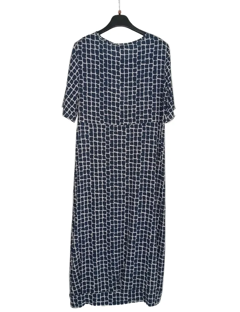 Long white and blue silk balloon dress