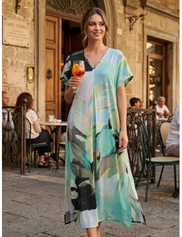 Abito lungo raso fantasia con piegone centrale Frida Madè fino alla 52