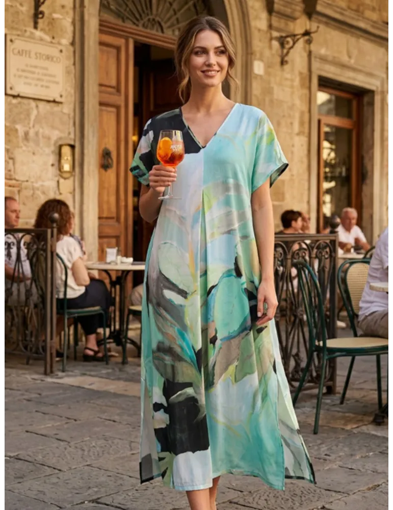 Frida Madè Long dress in viscose satin with central pleat | Plus size