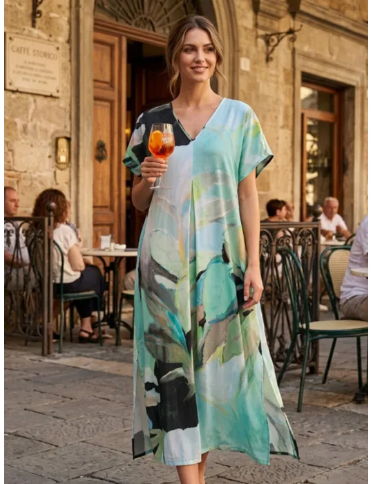 Frida Madè Long dress in viscose satin with central pleat | Plus size
