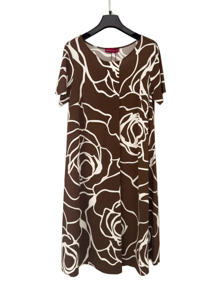 White and brown A-line viscose dress with central pleat