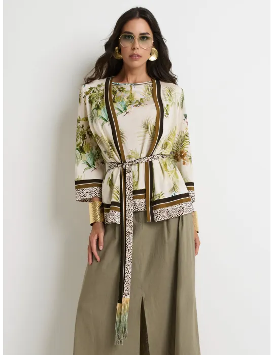 Piero Moretti | Twinset in viscosa fantasia tropicale verde e marrone
