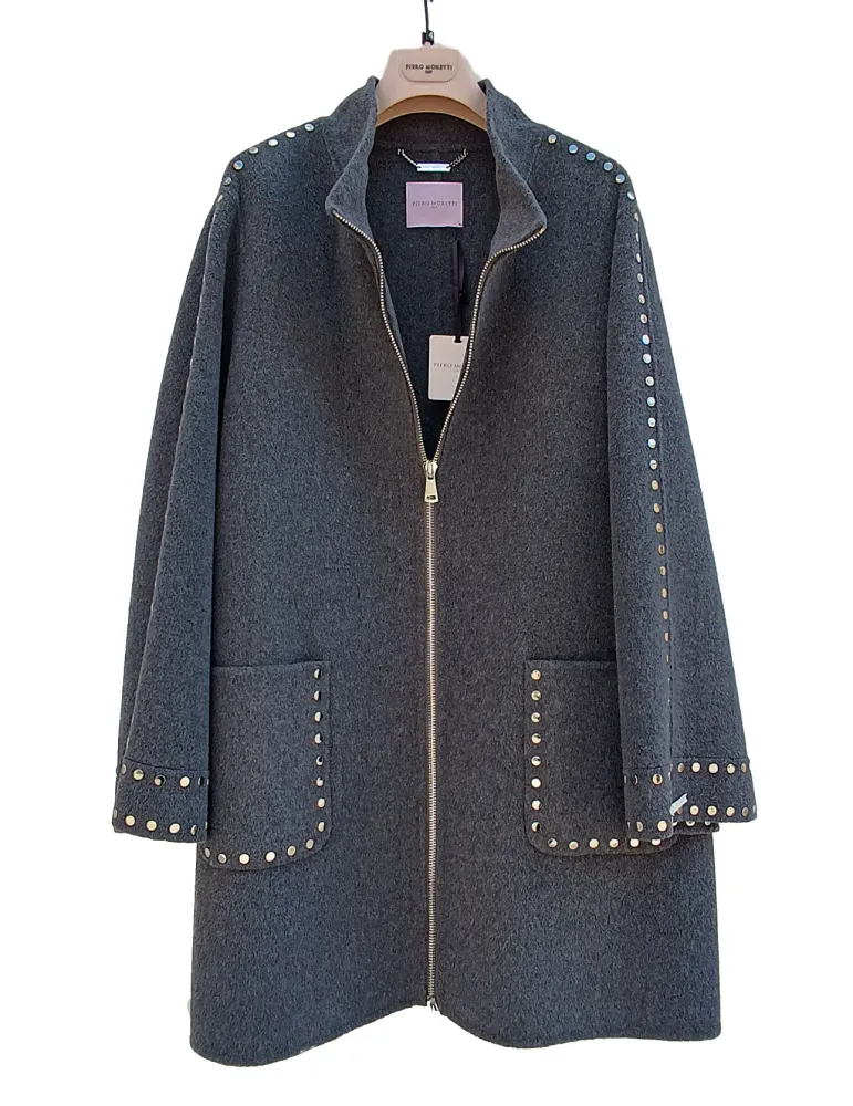 Piero Moretti grey wool coat with studs embroidery