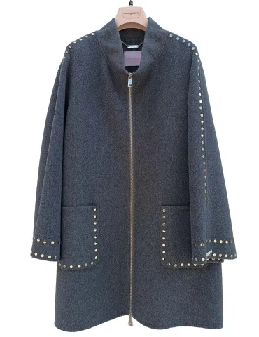 Piero Moretti | Plus size Grey wool coat long zipped jacket with studs