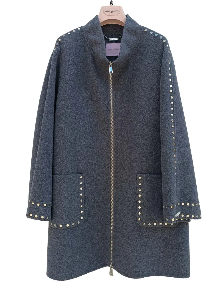 Piero Moretti grey wool coat with studs embroidery