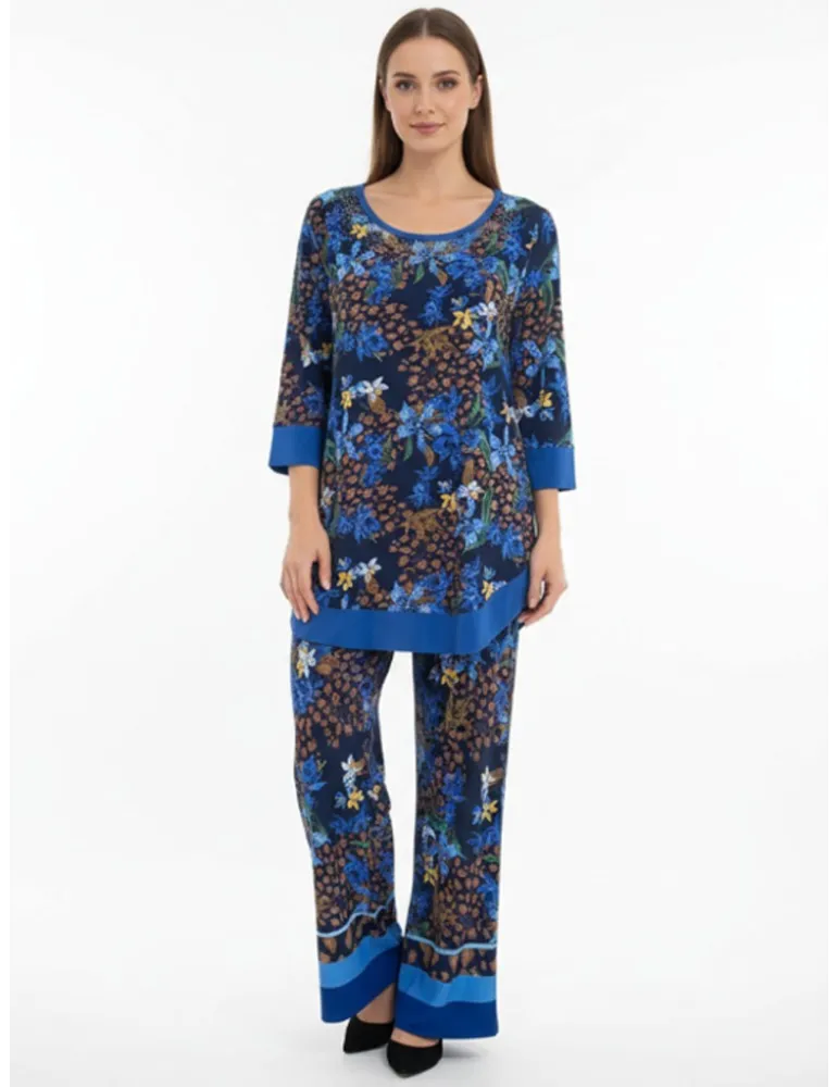 Floral blue palazzo trousers | Plus size | Italian natural clothing