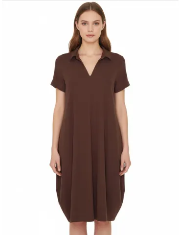 Brown midi balloon polo dress | Plus size natural Italian clothing