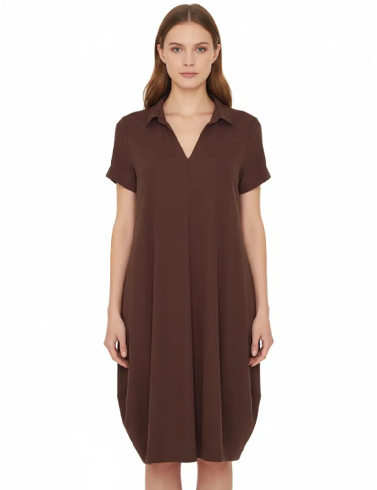 Cocoa brown midi balloon polo dress with short sleeves