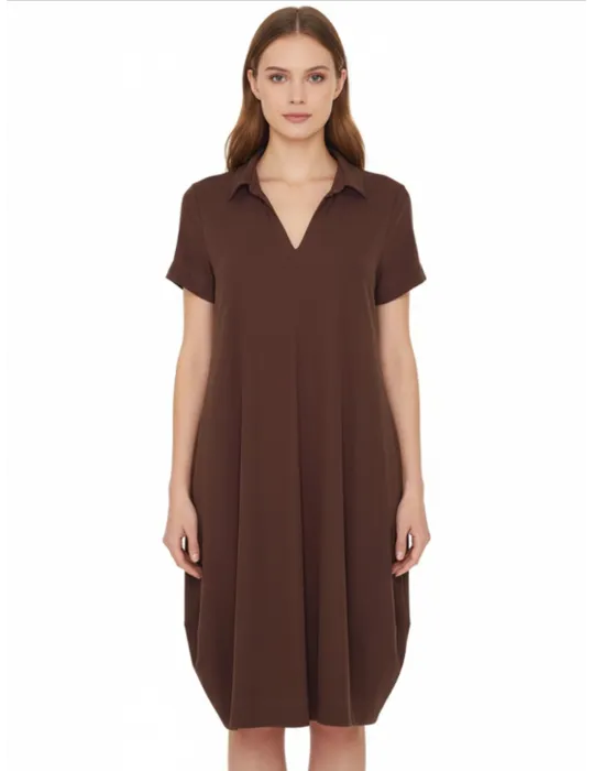 Brown midi balloon polo dress | Plus size natural Italian clothing
