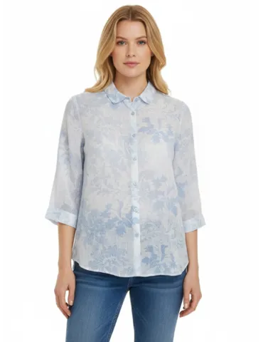 Delicate pure white linen shirt with sky-blue floral print