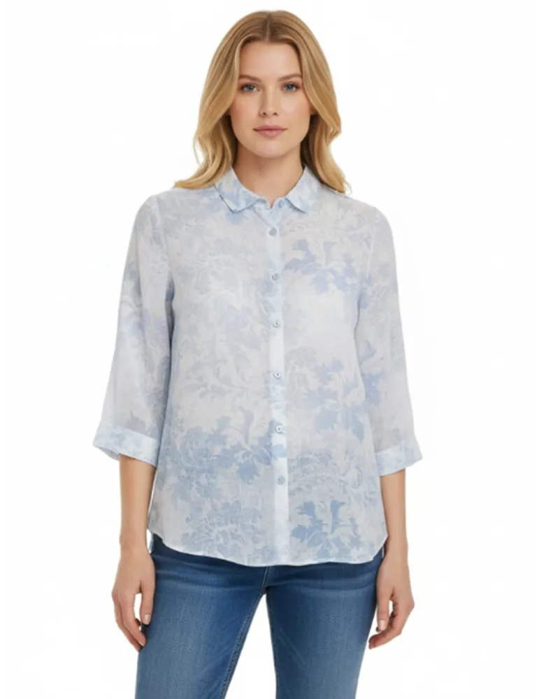Delicate pure white linen shirt with blue floral print | Italian shop