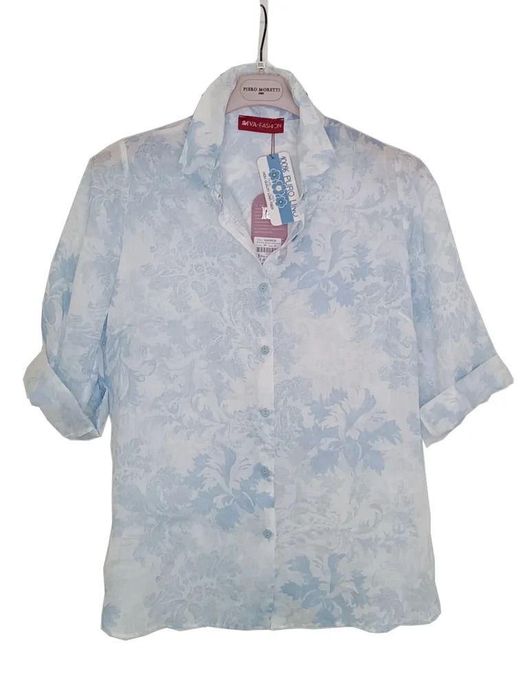 Delicata camicia puro lino bianco e celeste Riva Tricot fino alla 52