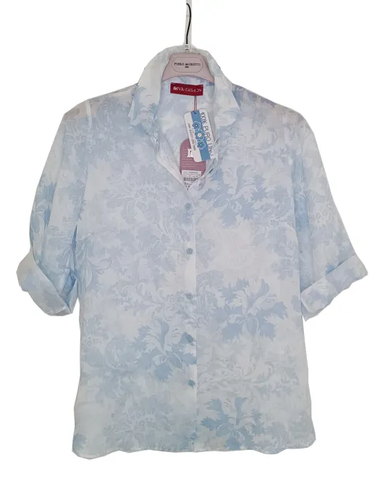 Delicate pure white linen shirt with blue floral print | Italian shop