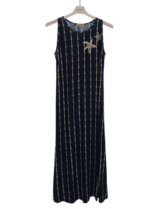 Long blue tank dress nautical print and rhinestones | Plus size