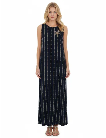 Long blue tank dress with nautical print and rhinestones