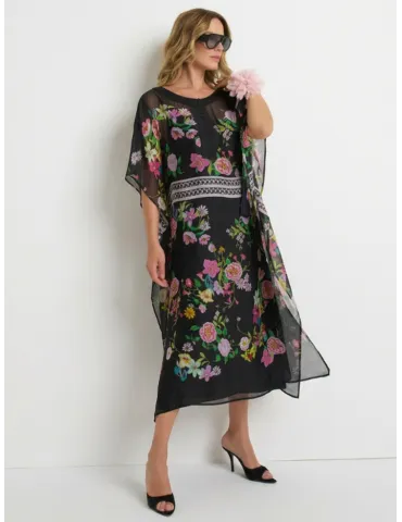 Piero Moretti Abito lungo caftano chiffon fantasia fiori fino alla 54