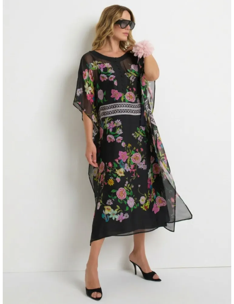 Piero Moretti Abito lungo caftano chiffon fantasia fiori fino alla 54