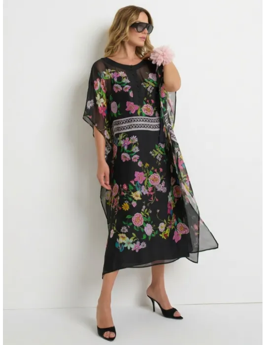 Piero Moretti Abito lungo caftano chiffon fantasia fiori fino alla 54