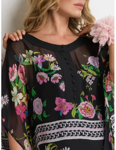 Piero Moretti Long silk black caftan dress with floral print 2