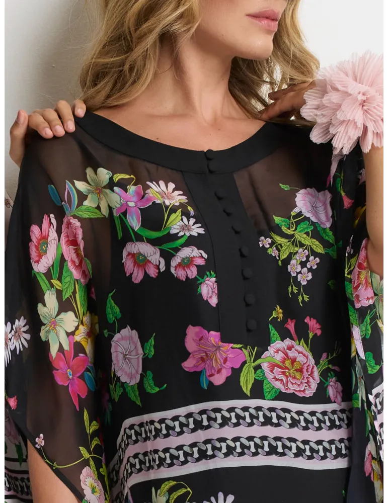 Piero Moretti Abito lungo caftano chiffon fantasia fiori fino alla 54