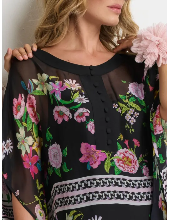 Piero Moretti Abito lungo caftano chiffon fantasia fiori fino alla 54