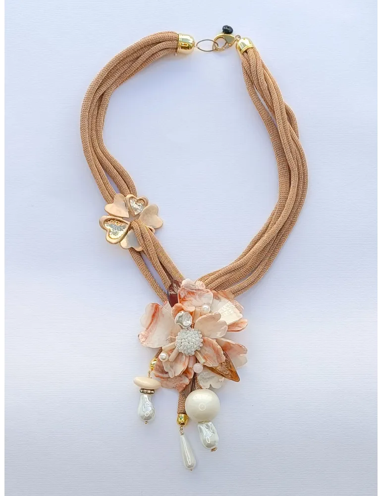 Handmade long necklace with flower pearls and crystals