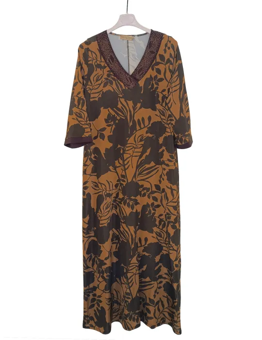 Mercuriali Plus size Cocoa brown long caftan dress with rhinestones