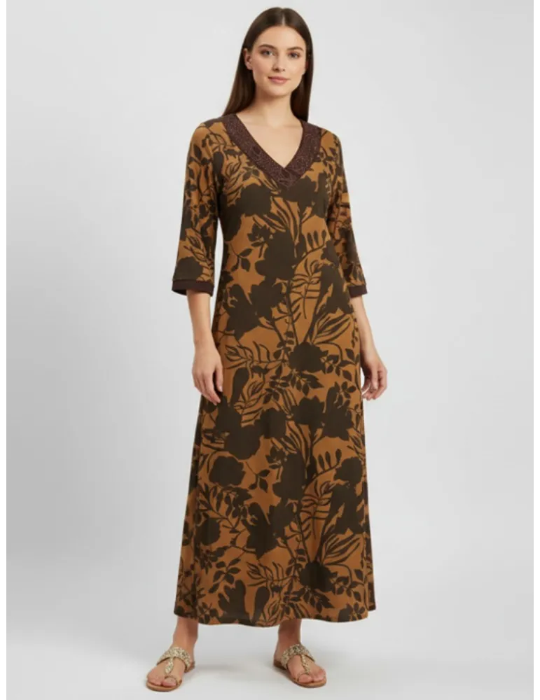 Mercuriali Plus size Cocoa brown long caftan dress with rhinestones