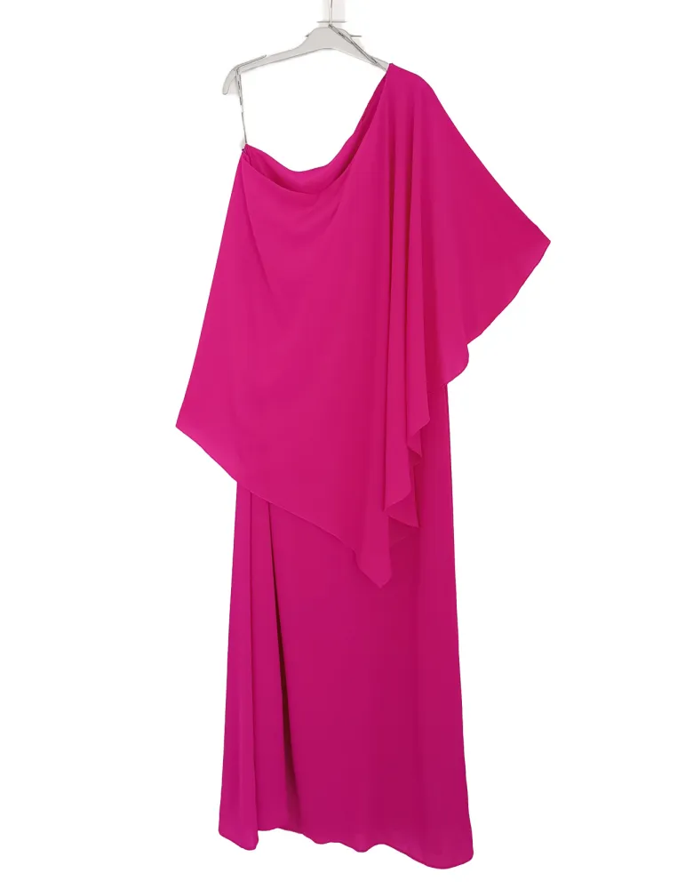 One-Shoulder Long fuchsia Gown with Rear Cape