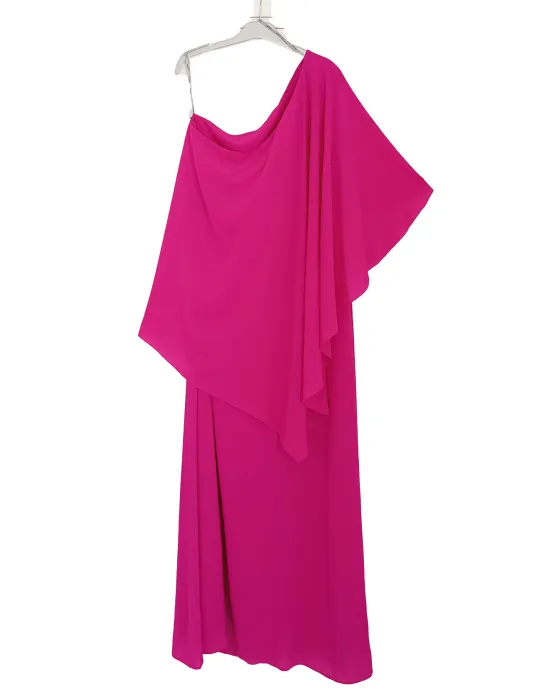 One-Shoulder Long fuchsia Gown with Rear Cape