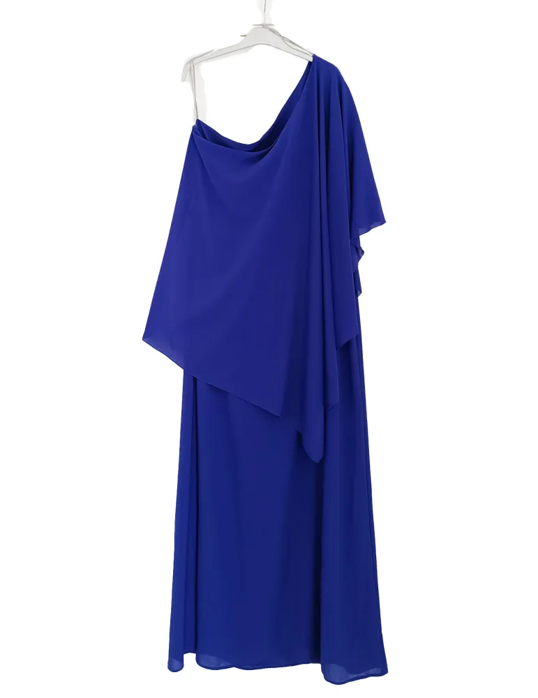 One-Shoulder Long Blue Gown with Rear Cape by Casting