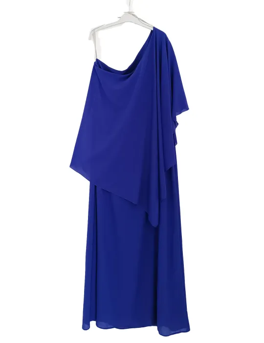 One-Shoulder Long Blue Gown with Rear Cape by Casting