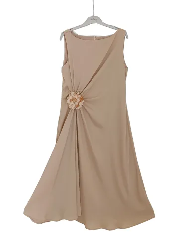 Beige sleeveless midi formal dress with draping and rose detail 2