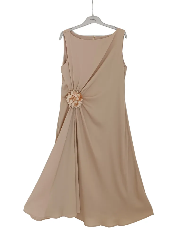 Beige sleeveless midi formal dress with draping and rose detail