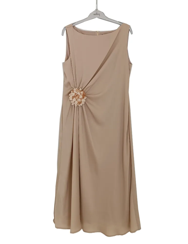 Beige sleeveless midi formal dress with draping and rose detail