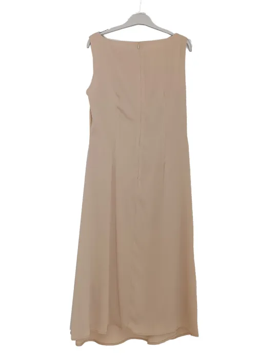 Beige sleeveless midi formal dress with draping and rose detail
