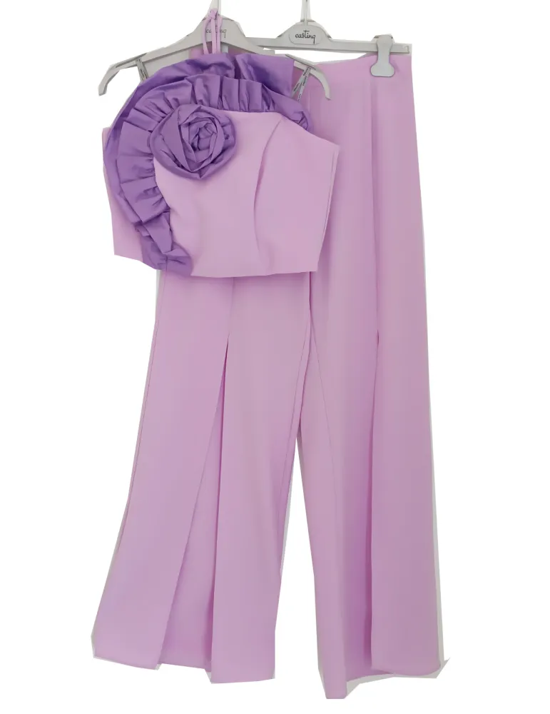 Lilac set with ruffled bustier and palazzo trousers with slit