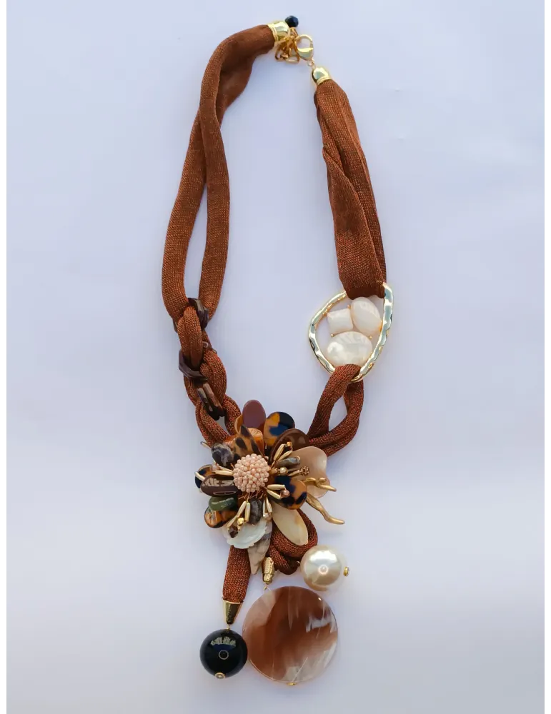 Handmade long necklace with flower pearls and crystals