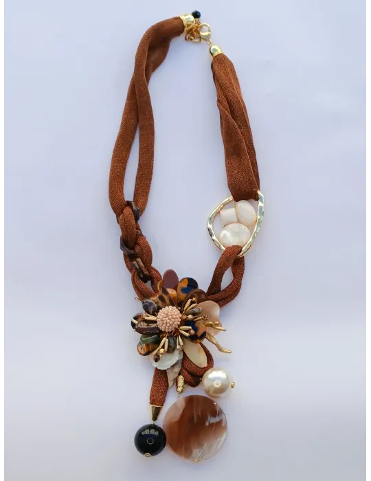 Handmade long necklace with flower pearls and crystals