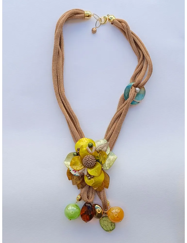Handmade long necklace with flower pearls and crystals